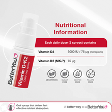 Load image into Gallery viewer, Better You Vitamin D3 + K2 Oral Spray 3000IU/75µg 12ml
